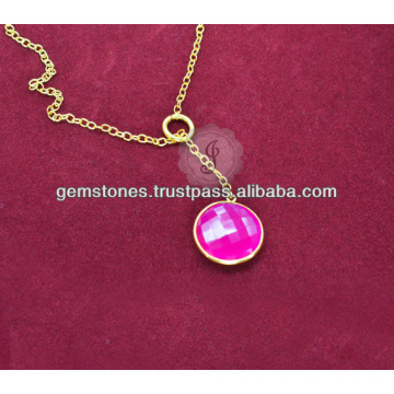 Diseñador Vermeil Rosa Chalcedony Gemstone collar de cadena larga para las mujeres